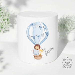 Personalised Ceramic Money Box - Hot Air Balloon Blue