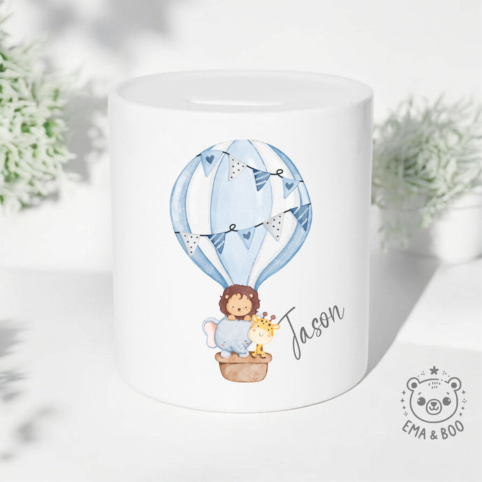 Personalised Ceramic Money Box - Hot Air Balloon Blue