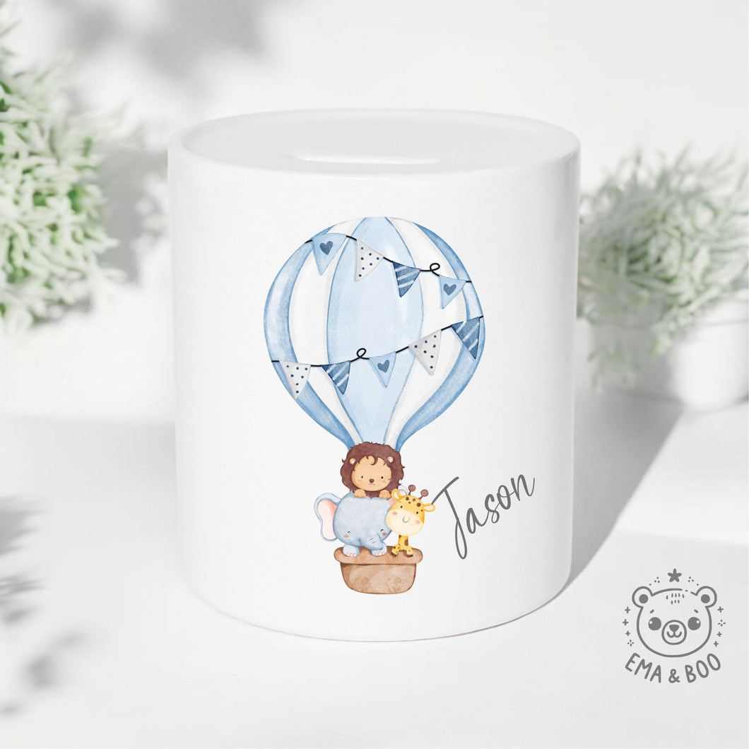 Personalised Ceramic Money Box - Hot Air Balloon Blue