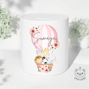 Personalised Ceramic Money Box - Hot Air Balloon Pink