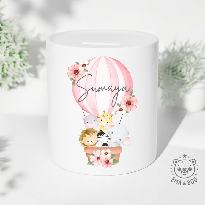 Personalised Ceramic Money Box - Hot Air Balloon Pink