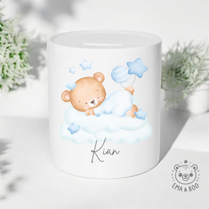 Personalised Ceramic Money Box - Sleepy Bear Blue