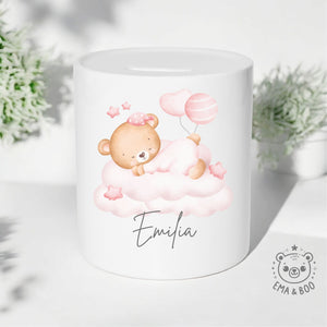 Personalised Ceramic Money Box - Sleepy Bear Pink