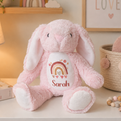 Pink personalised plush floppy bunny with rainbow – personalised baby toy and newborn gift from Ema and Boo