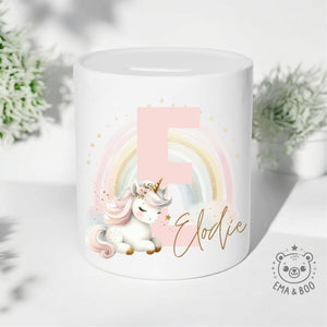Personalised unicorn and rainbow money box – personalised newborn gift for baby girl 