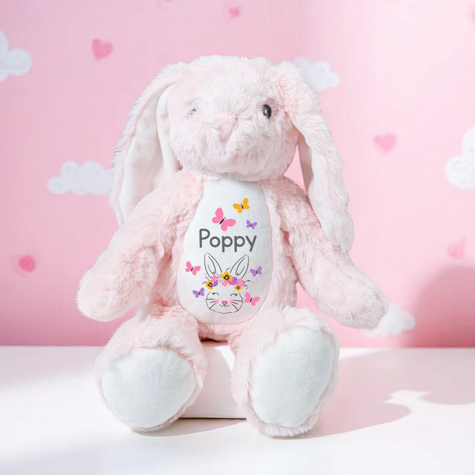 Personalised pink plush bunny with floral and butterfly design