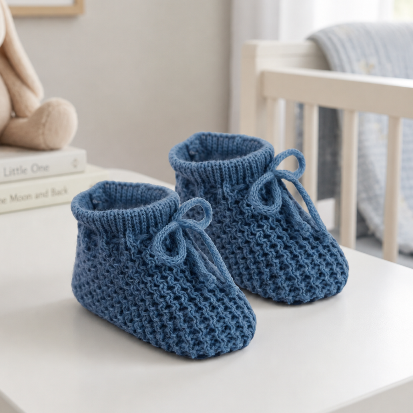 Dusky blue baby booties – cosy newborn shoes for baby boys in muted blue