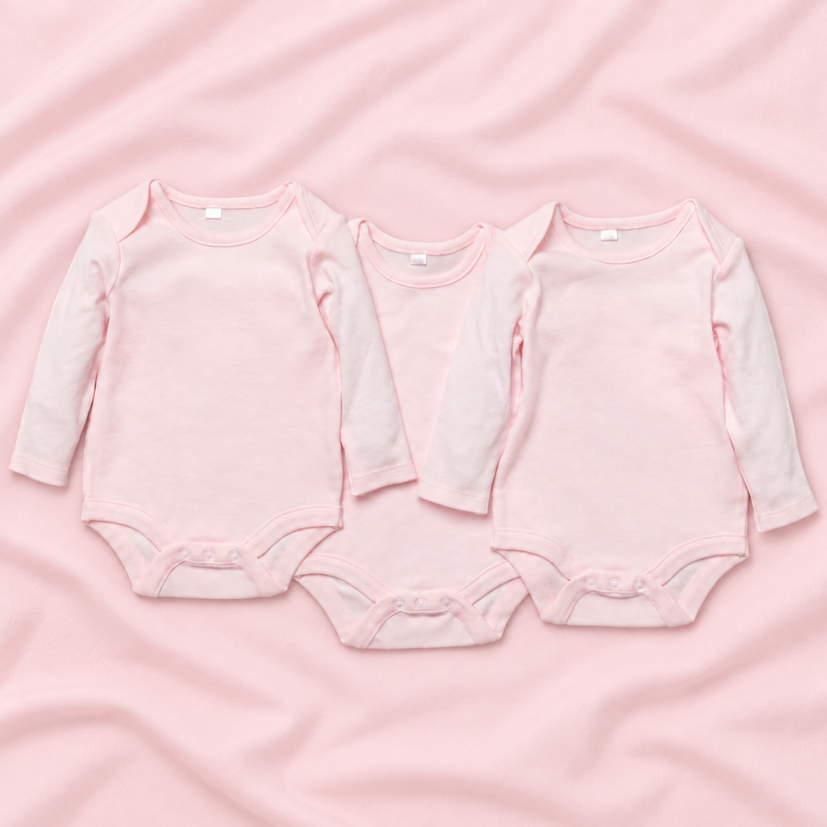 Three long-sleeve baby bodysuits in soft light pink, arranged side by side on a matching pink fabric background.
