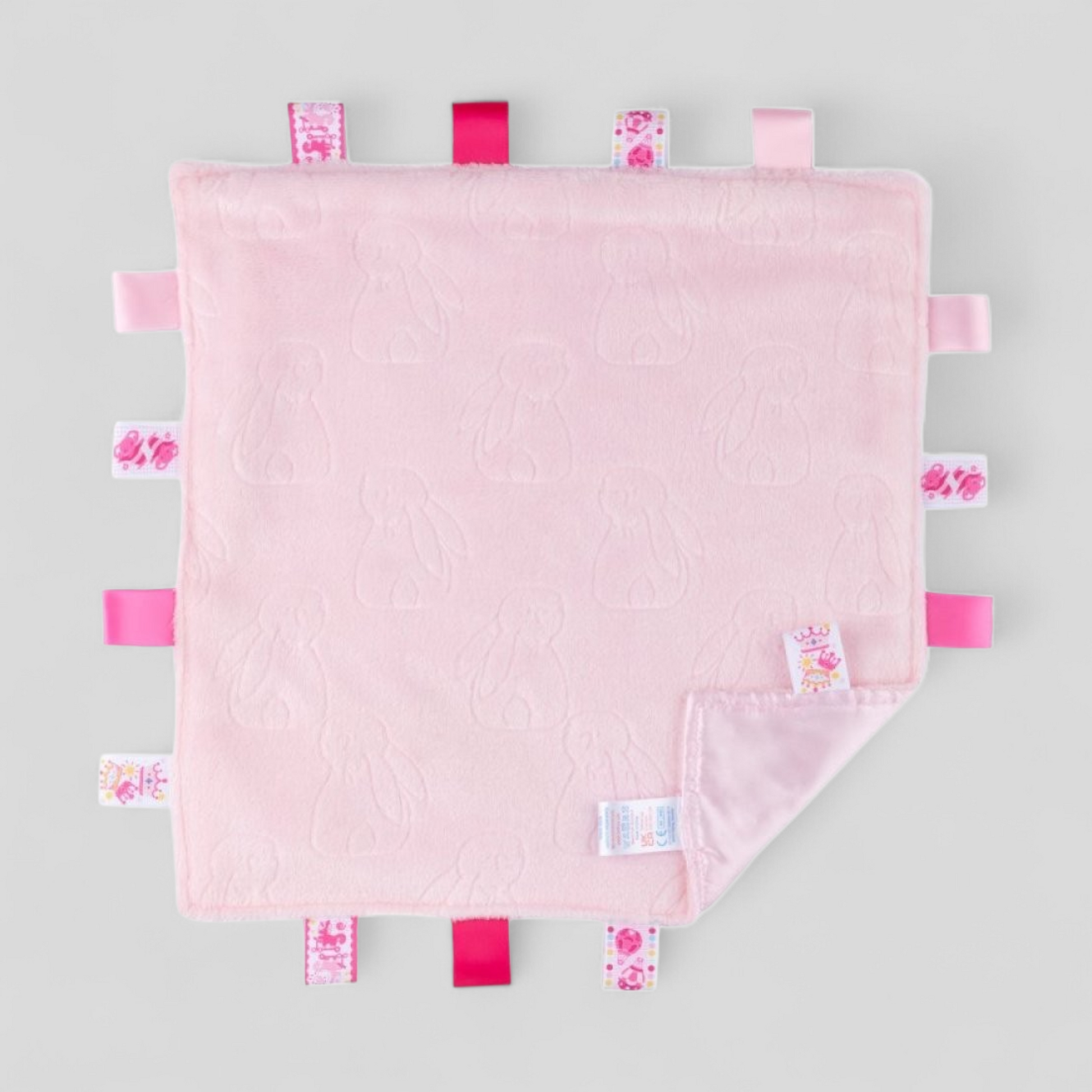 Pink plush bunny baby taggie comforter