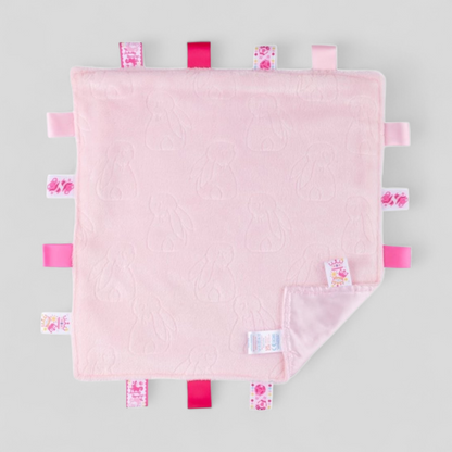 Pink plush bunny baby taggie comforter