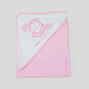 Baby pink hooded towel – 100% cotton with bear shower embroidery, new baby gift