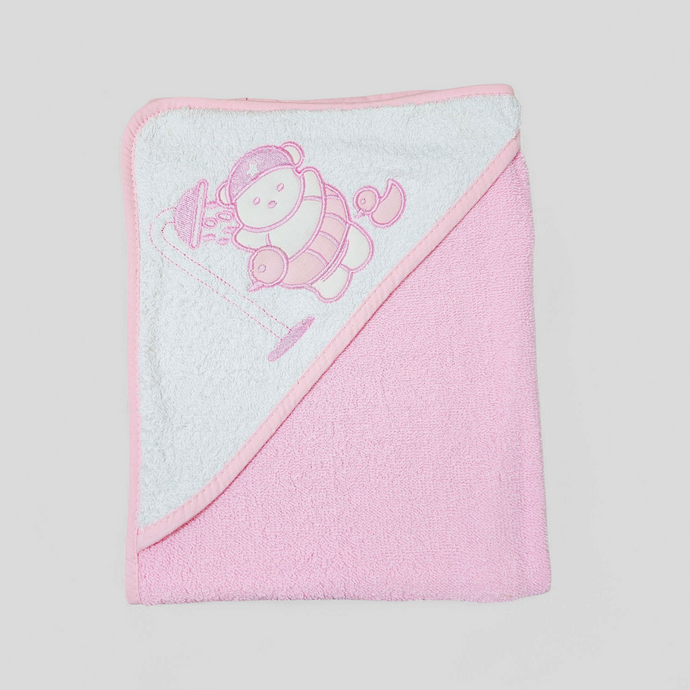 Baby pink hooded towel – 100% cotton with bear shower embroidery, new baby gift
