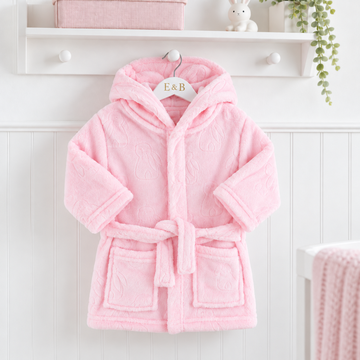 Pink bunny embossed hooded baby dressing gown with soft plush fabric, tie belt and two front pockets