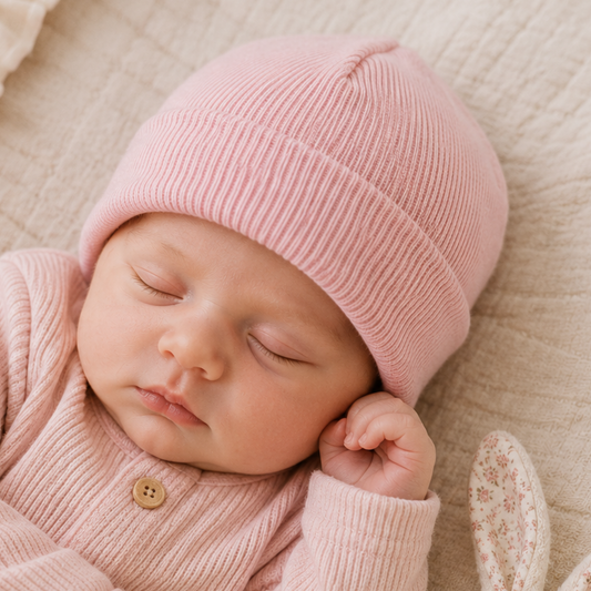 Sleeping newborn baby wearing a soft pink cotton turnover beanie hat.