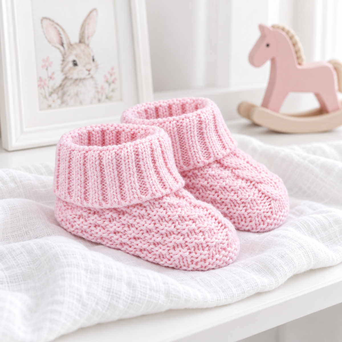 Pair of pink cotton knitted baby booties with ribbed fold-over cuffs, displayed on white nursery bedding.