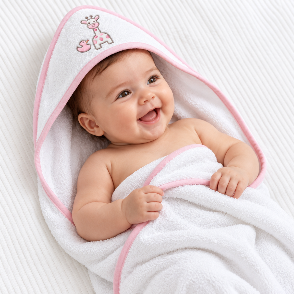 Baby wrapped in a white cotton hooded bath towel with pink trim and a cute pink giraffe and duck design.