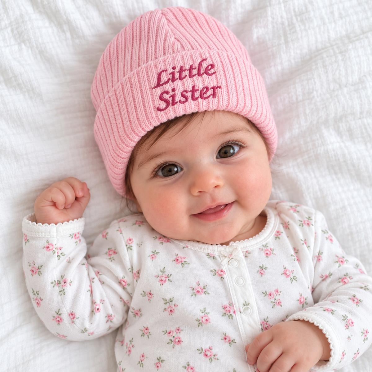 Baby girl wearing a pink ribbed knitted newborn hat with Little Sister embroidery on the folded cuff.