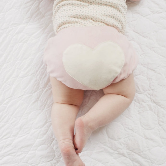 Pink organic cotton baby bloomers with cream heart appliqué, 0–3 months newborn baby girl clothing