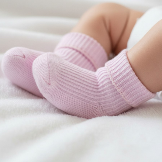 Pink cotton baby socks for newborn girls aged 0–3 months, soft and comfortable everyday baby socks.