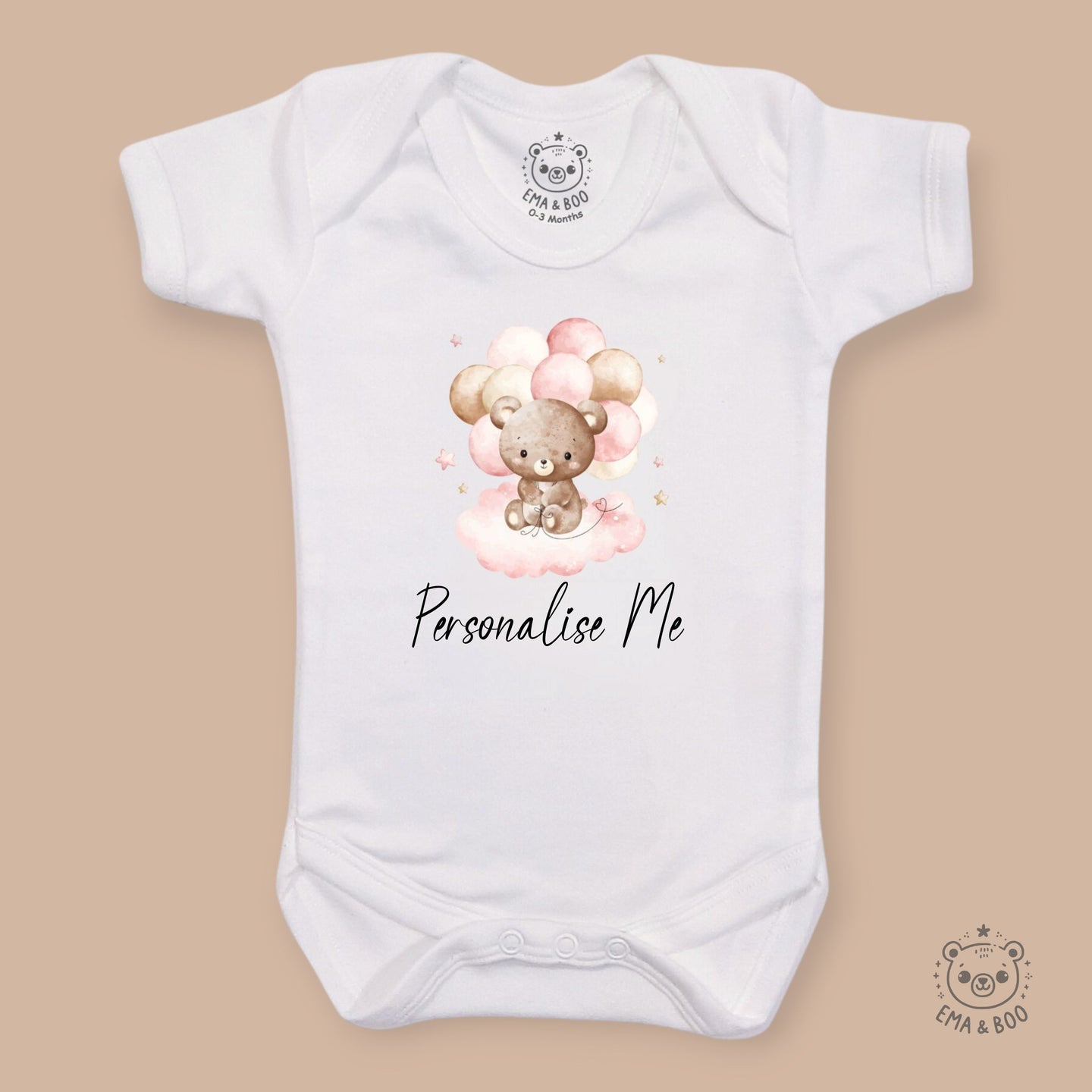 Personalised Baby Bodysuits - Pink Bear on a Cloud