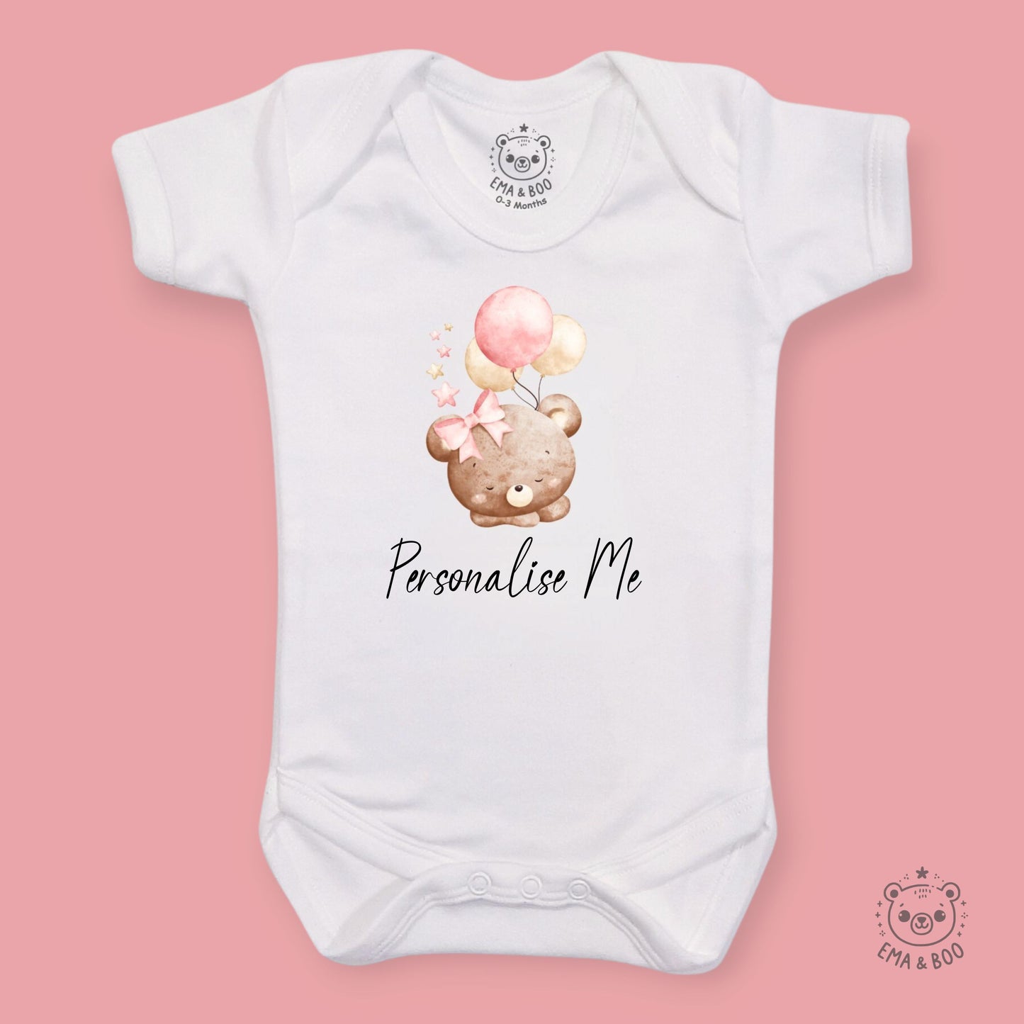 Personalised Baby Bodysuits - Pink Bear with Balloons