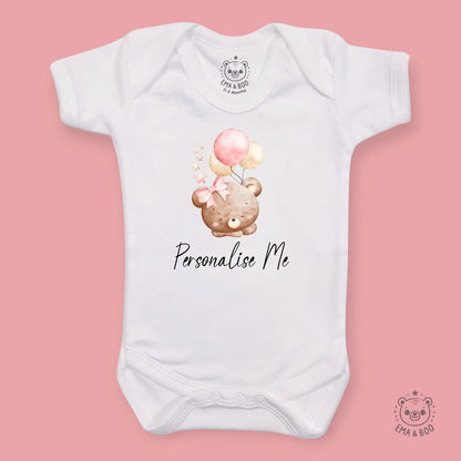 Personalised Baby Bodysuits - Pink Bear with Balloons