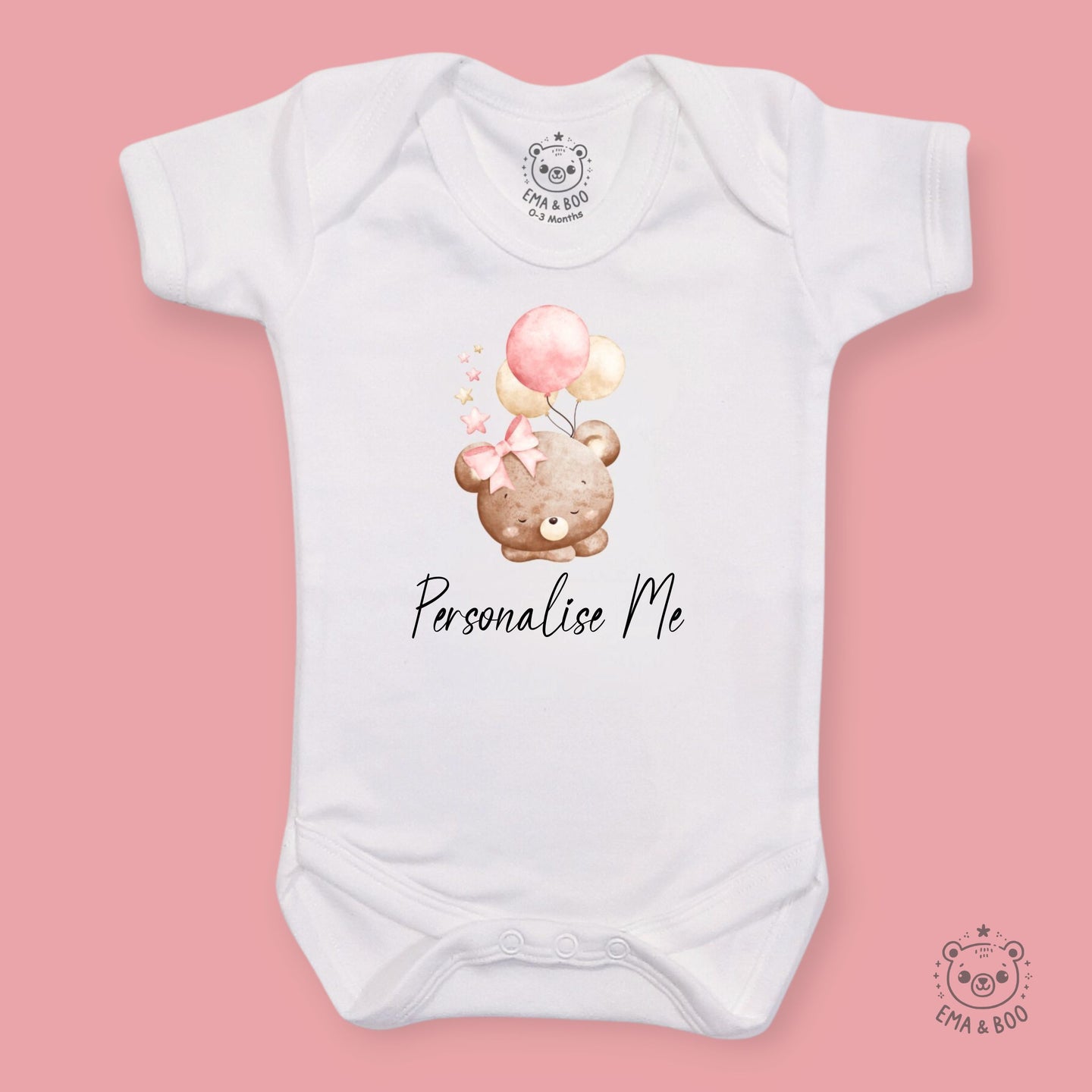 Personalised Baby Bodysuits - Pink Bear with Balloons