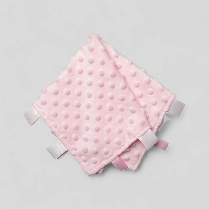 Plush bubble taggie comforter – 30x30cm baby sensory comfort blanket with soft textured tags
