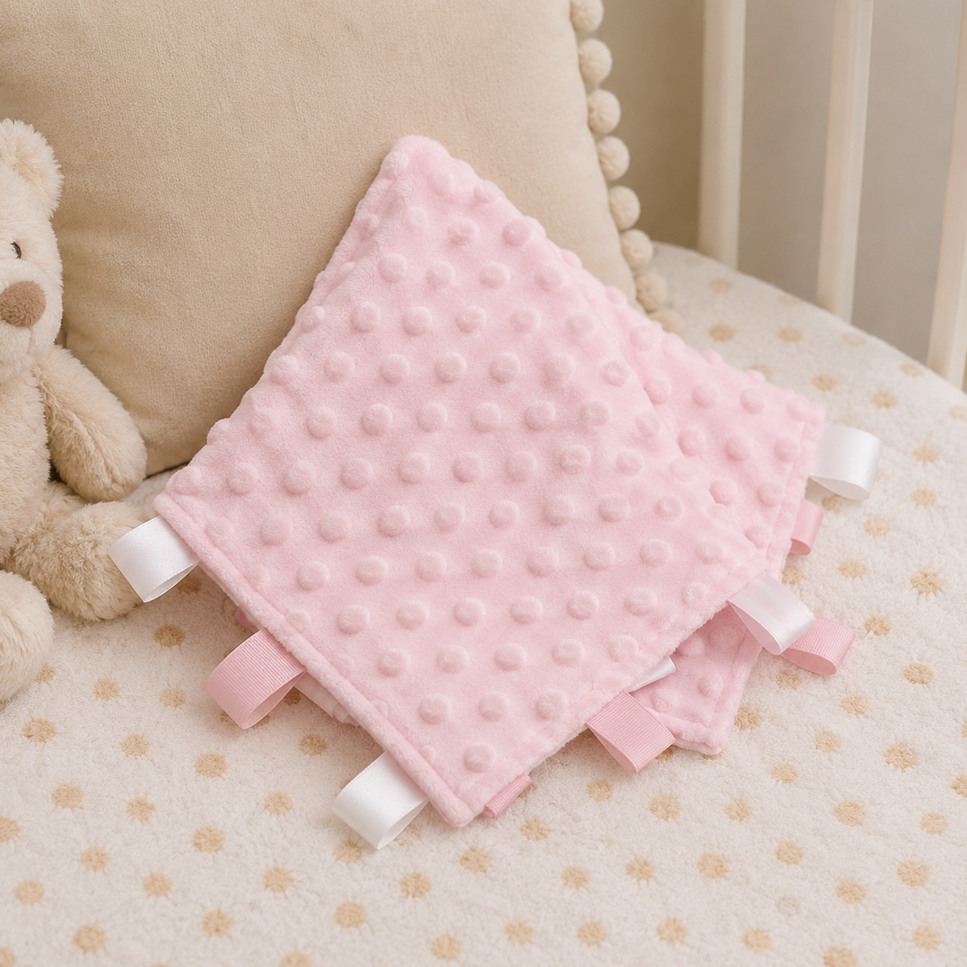 Plush bubble taggie comforter – 30x30cm baby sensory comfort blanket with soft textured tags