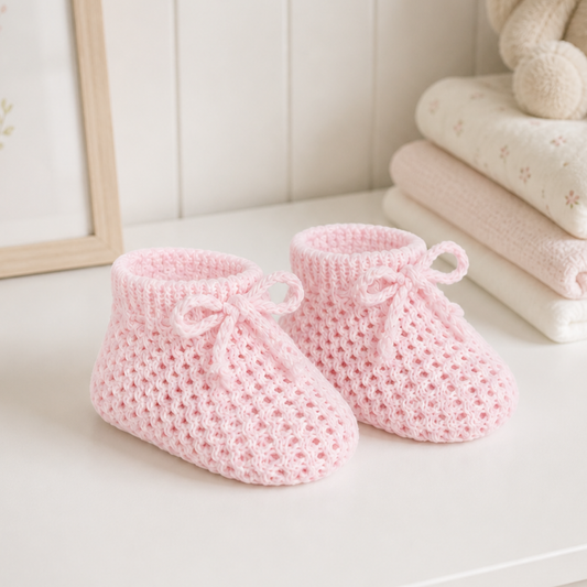Pink baby booties for newborn girl – soft, cosy gift idea from Ema and Boo