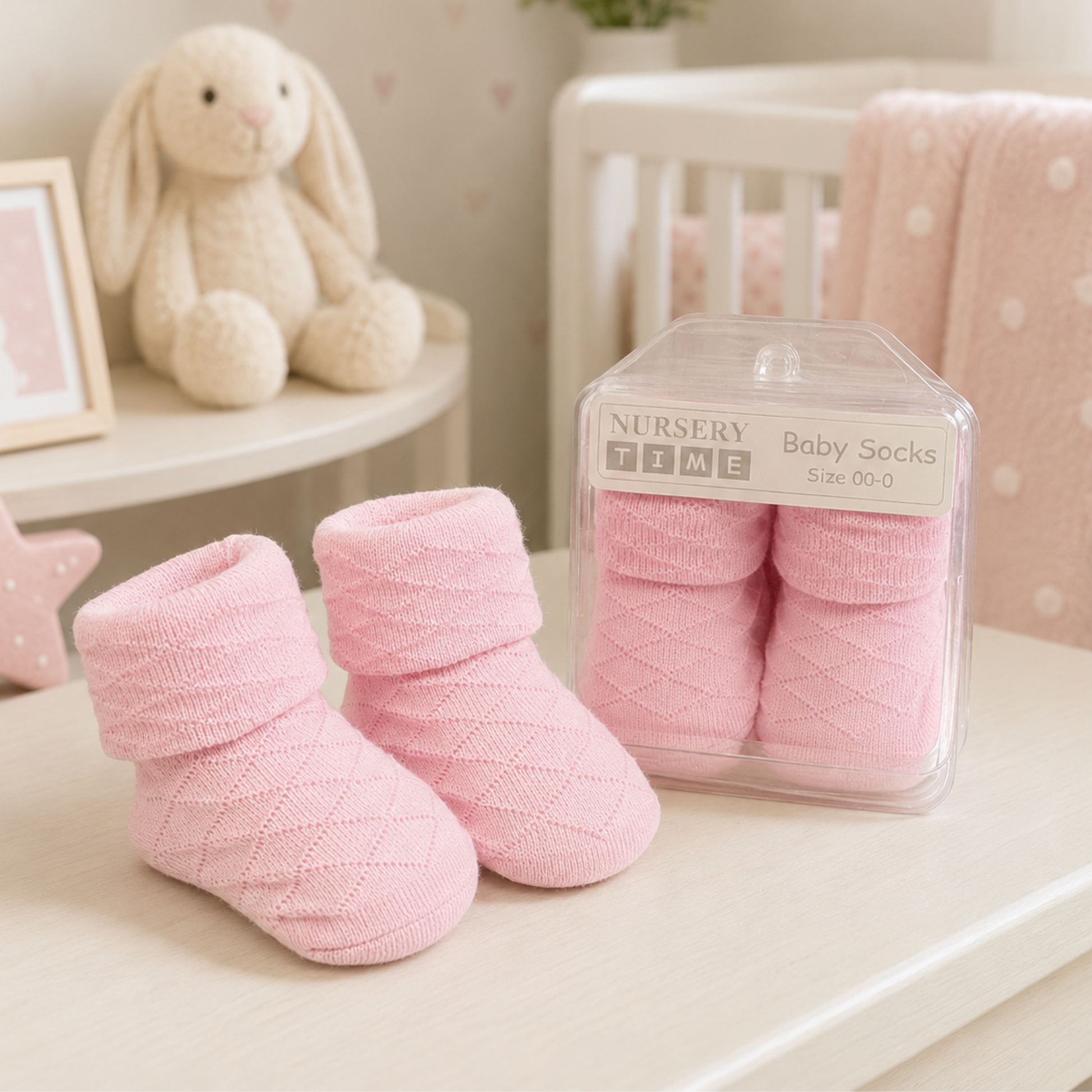 Pink newborn baby socks with diamond design in gift box