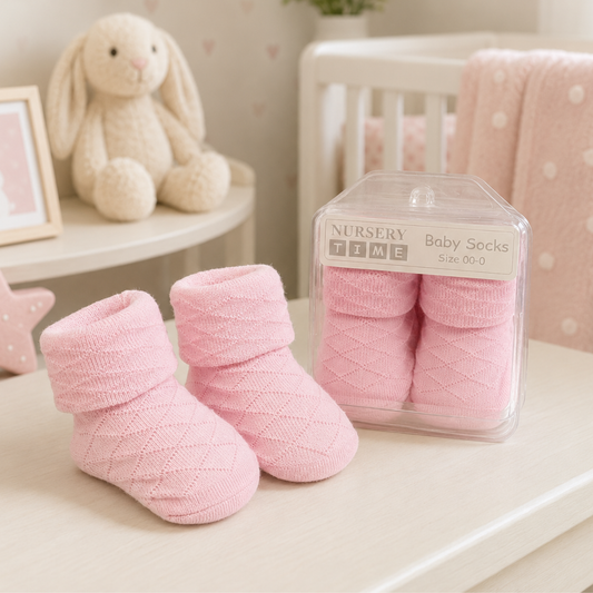 Pink newborn baby socks with diamond design in gift box
