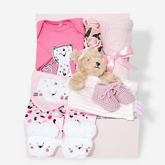 Pink and playful baby girl gift box with clothing set