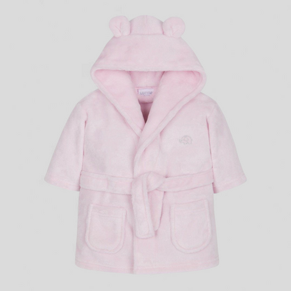 Pink children's robe with bear ears on a light gray background