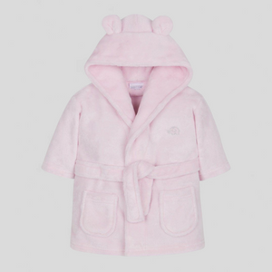 Pink children's robe with bear ears on a light gray background