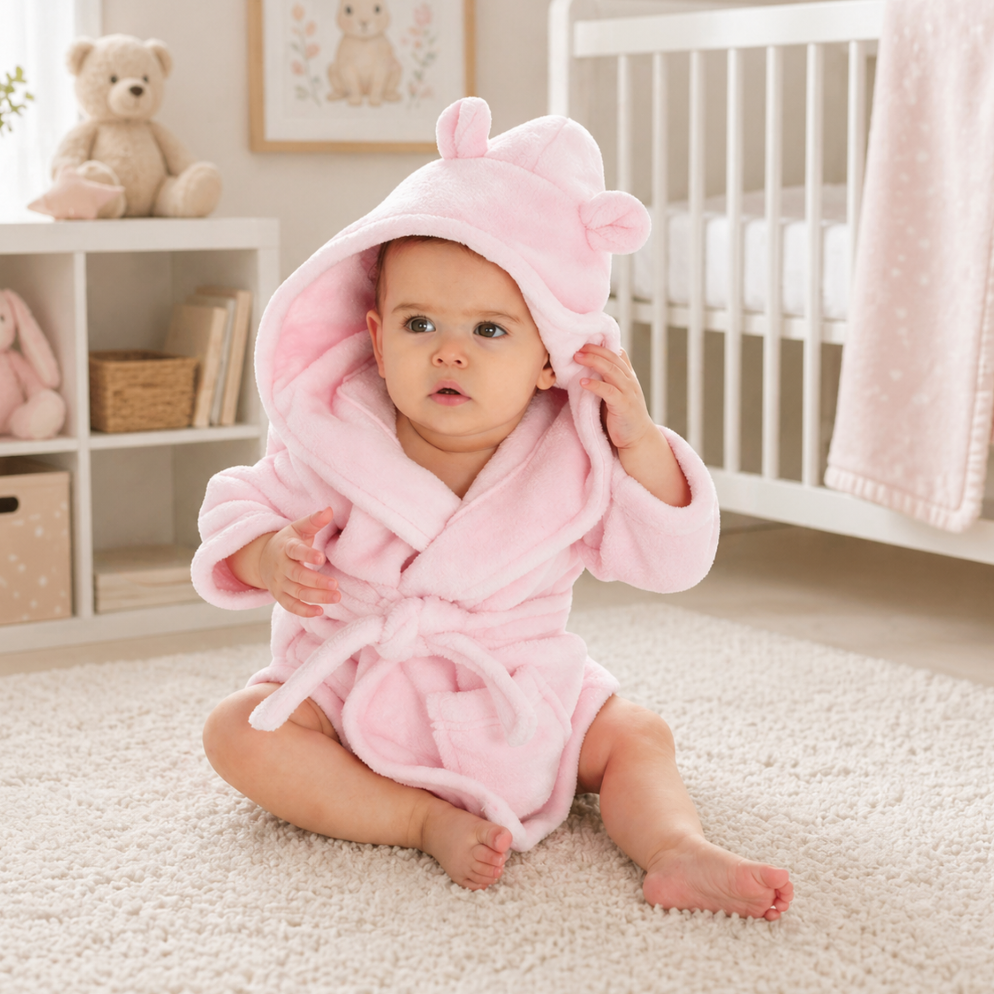 Baby wearing pink hooded dressing gown soft plush baby bath robe cute baby girl gift
