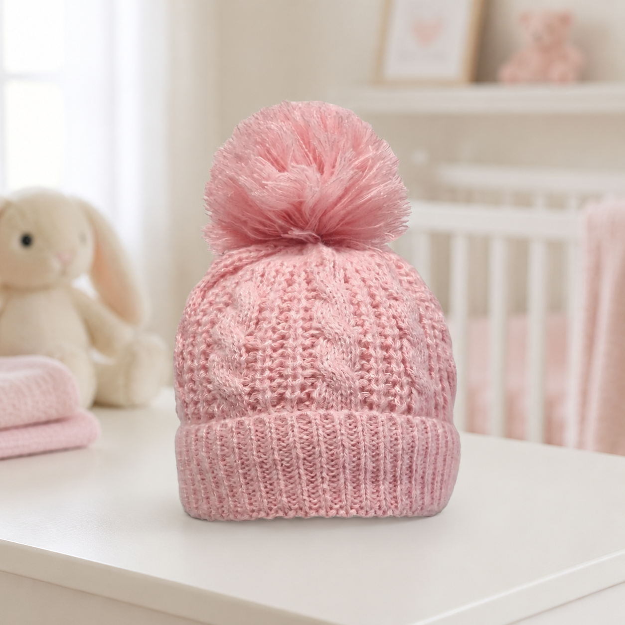 Pink knitted beanie with a pom-pom for baby girls