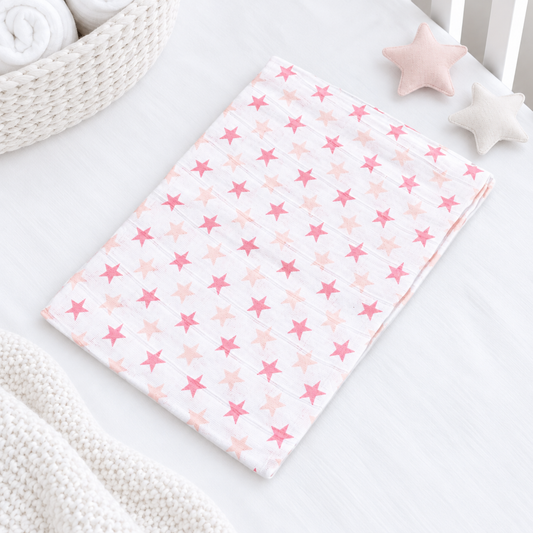 Pink Star muslin square – 100% cotton baby cloth and infant gift