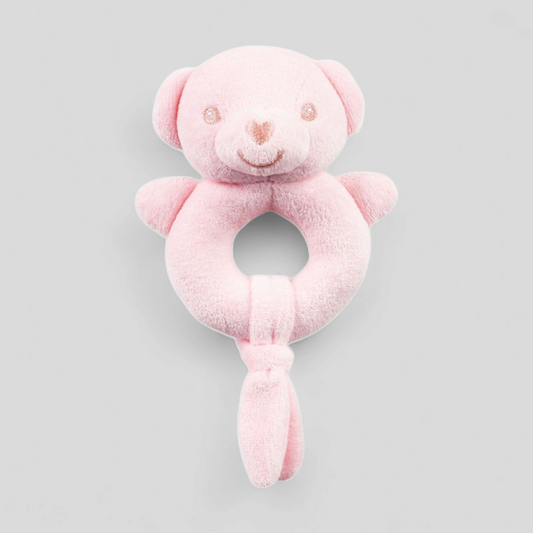 Pink teddy soft baby rattle – eco-friendly 15cm plush toy for newborns and sensory play