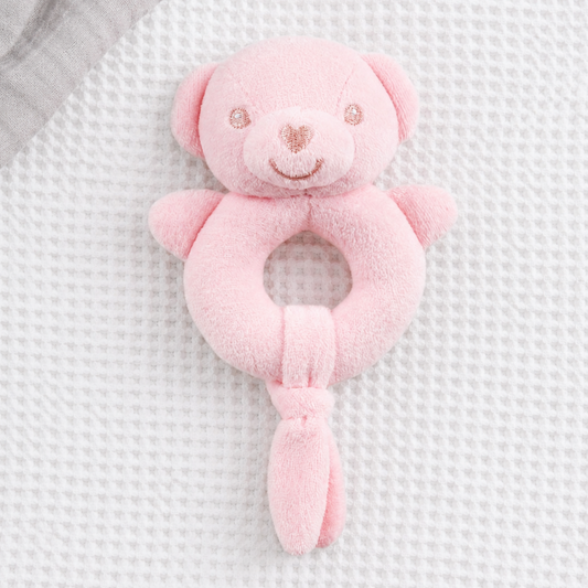 Pink teddy soft baby rattle – eco-friendly 15cm plush toy for newborns and sensory play