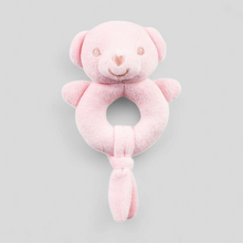 Load image into Gallery viewer, Pink teddy soft baby rattle – eco-friendly 15cm plush toy for newborns and sensory play
