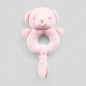 Pink teddy soft baby rattle – eco-friendly 15cm plush toy for newborns and sensory play