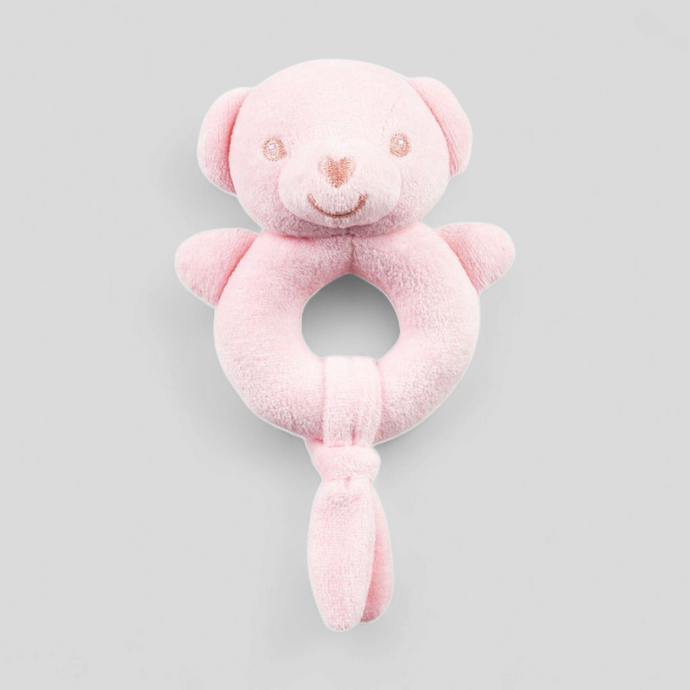 Pink teddy soft baby rattle – eco-friendly 15cm plush toy for newborns and sensory play