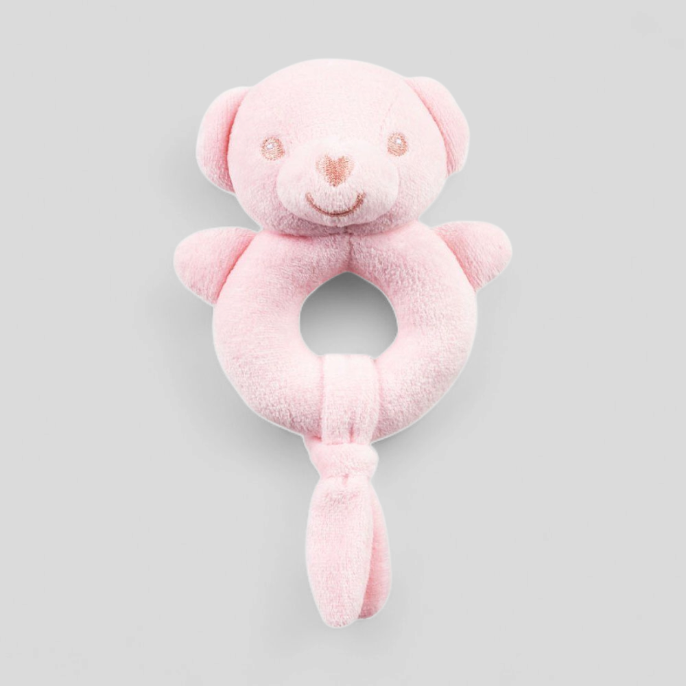 Pink teddy soft baby rattle – eco-friendly 15cm plush toy for newborns and sensory play
