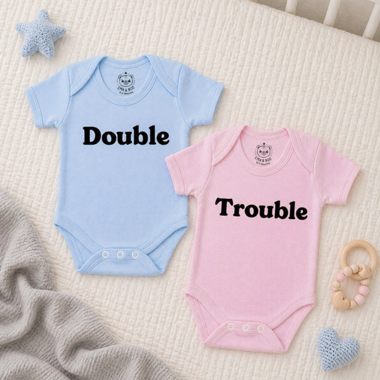 Pink & blue Double Trouble twin baby bodysuit set