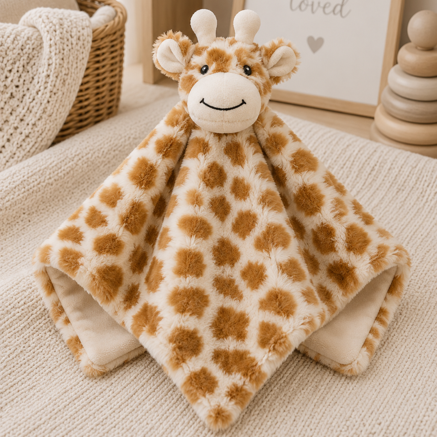 Plush giraffe baby comforter with a soft spotted blanket and plain mink fabric reverse measuring 36 x 36cm.