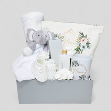 Load image into Gallery viewer, Luxury pregnancy gift box hamper with baby essentials and gifts for expecting mothers.
