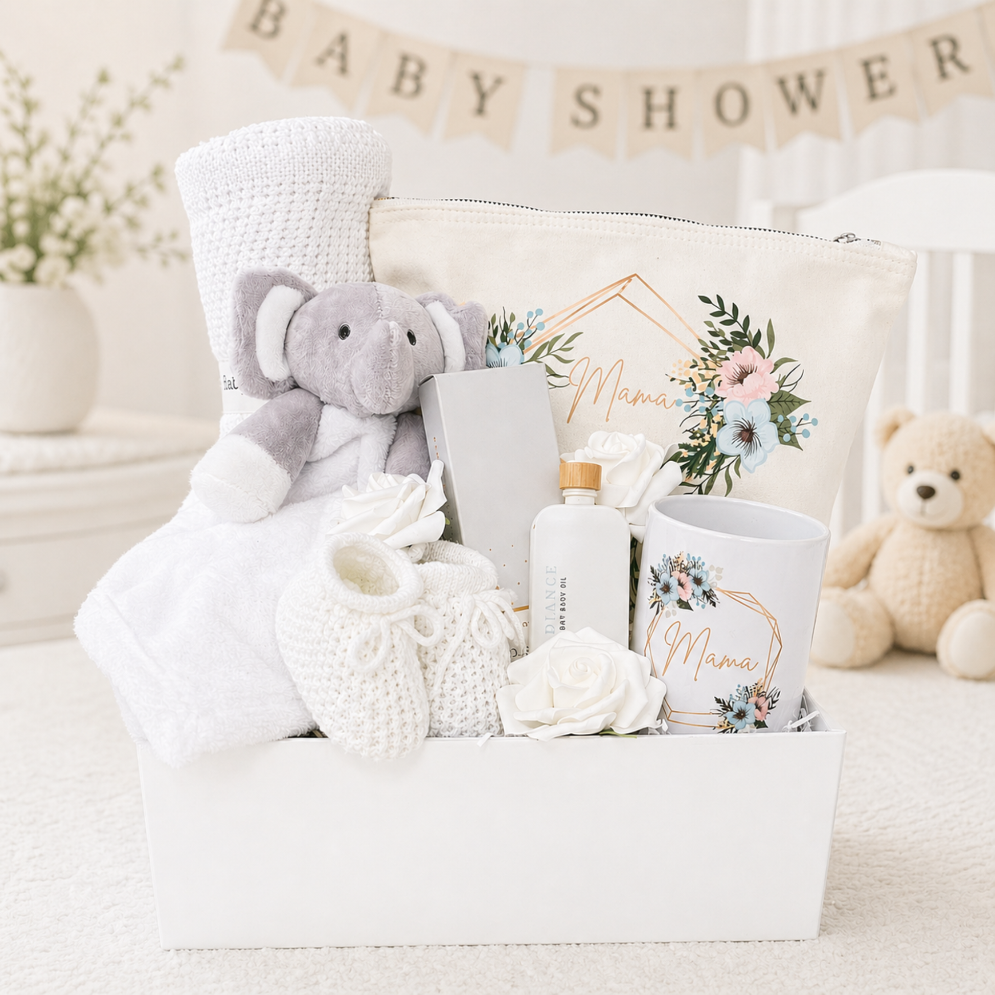 Luxury pregnancy gift box hamper with baby essentials and gifts for expecting mothers.