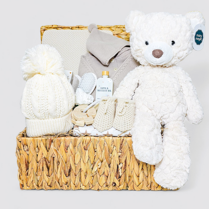 Premium Neutral Baby Gift Hamper in water hyacinth basket - New Mum Gifts