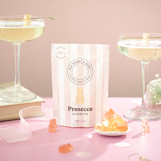 Prosecco gummy bears in 50g pouch – non-alcoholic treat for new mums and baby hampers.